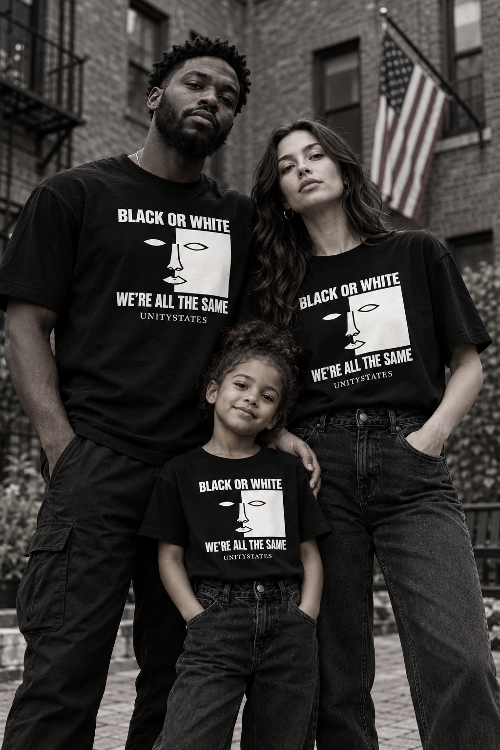 Family wearing Unity States BLACK OR WHITE T-shirts